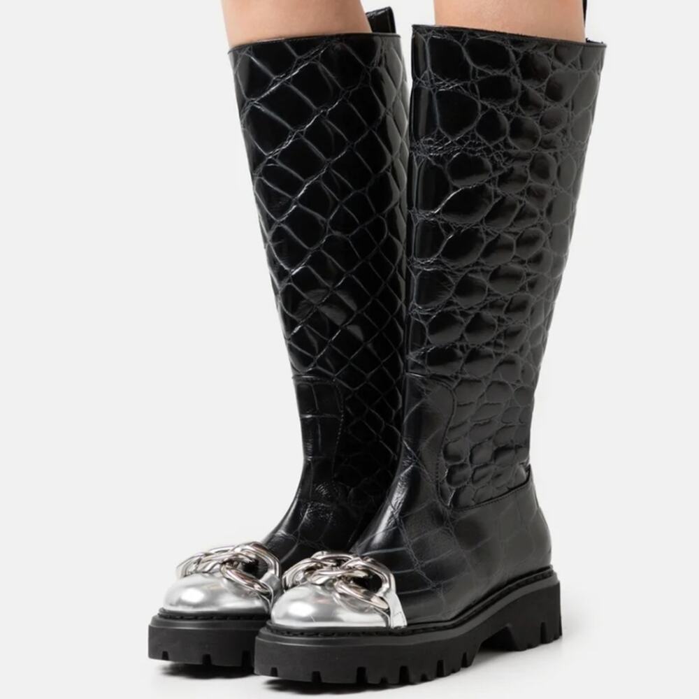 No. 21 Croc embossed black leather platform knee high boots size 9